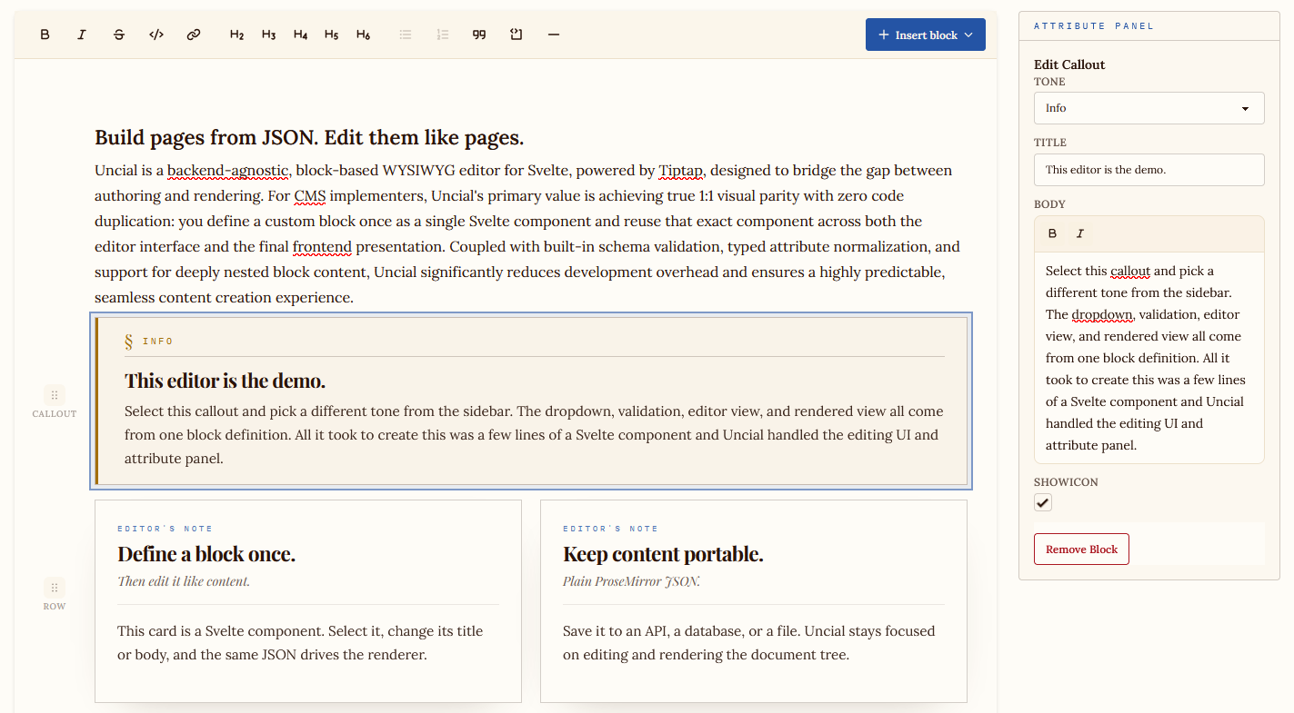 The Uncial editor with a heading, paragraph, and a promo card block being edited in place